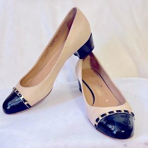 Ferragamo “Pim” nude suede, black patent toe cap, gold chain size 8, 1 1/2” heel